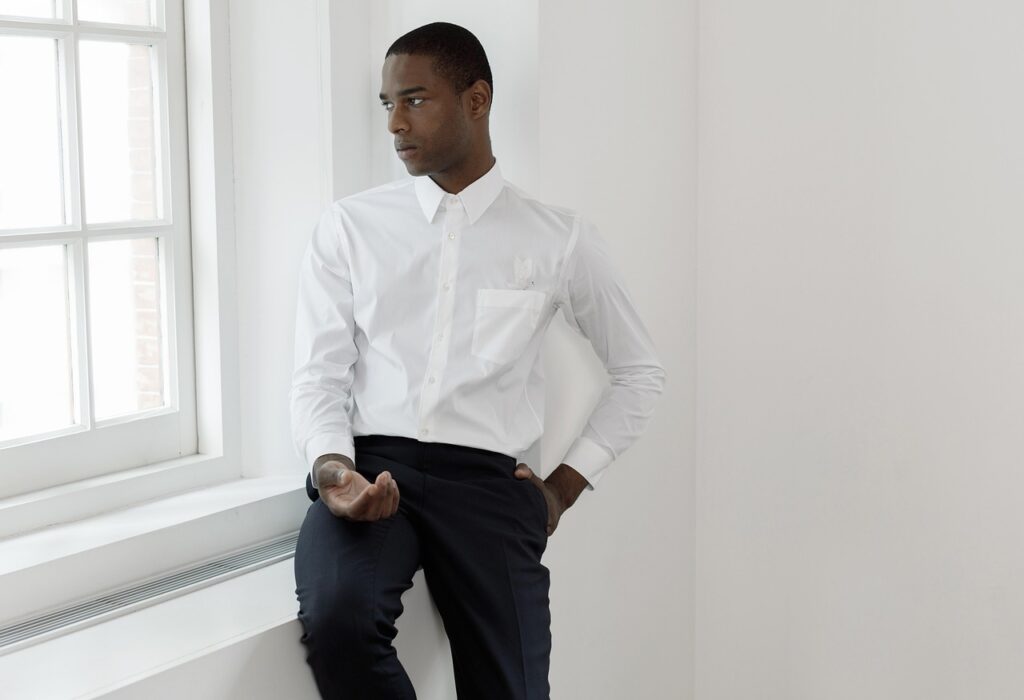 man, fashion, window sill, black and white fashion, style, model, pose, minimalist, black, portrait